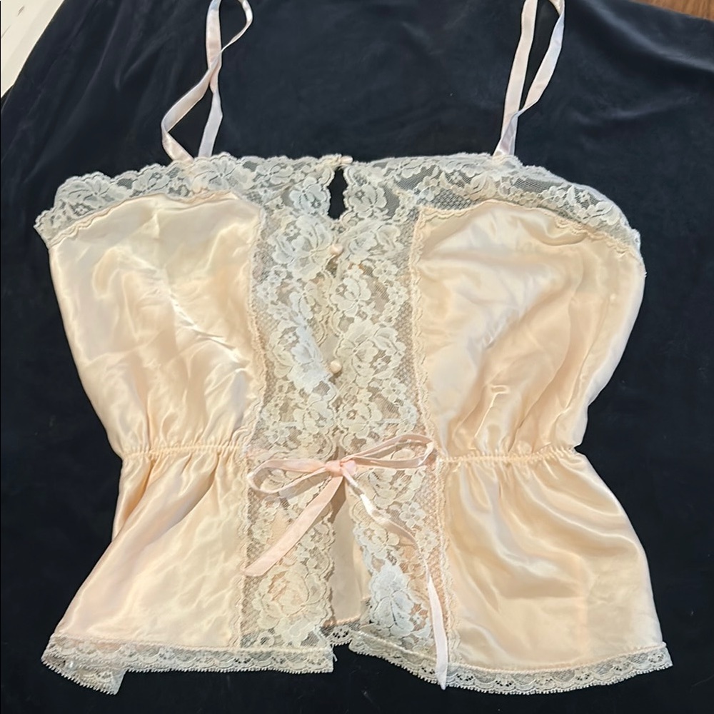 Barbizon Vintage Blush Satin Camisole M | Lace Trim & Ribbon | Romantic